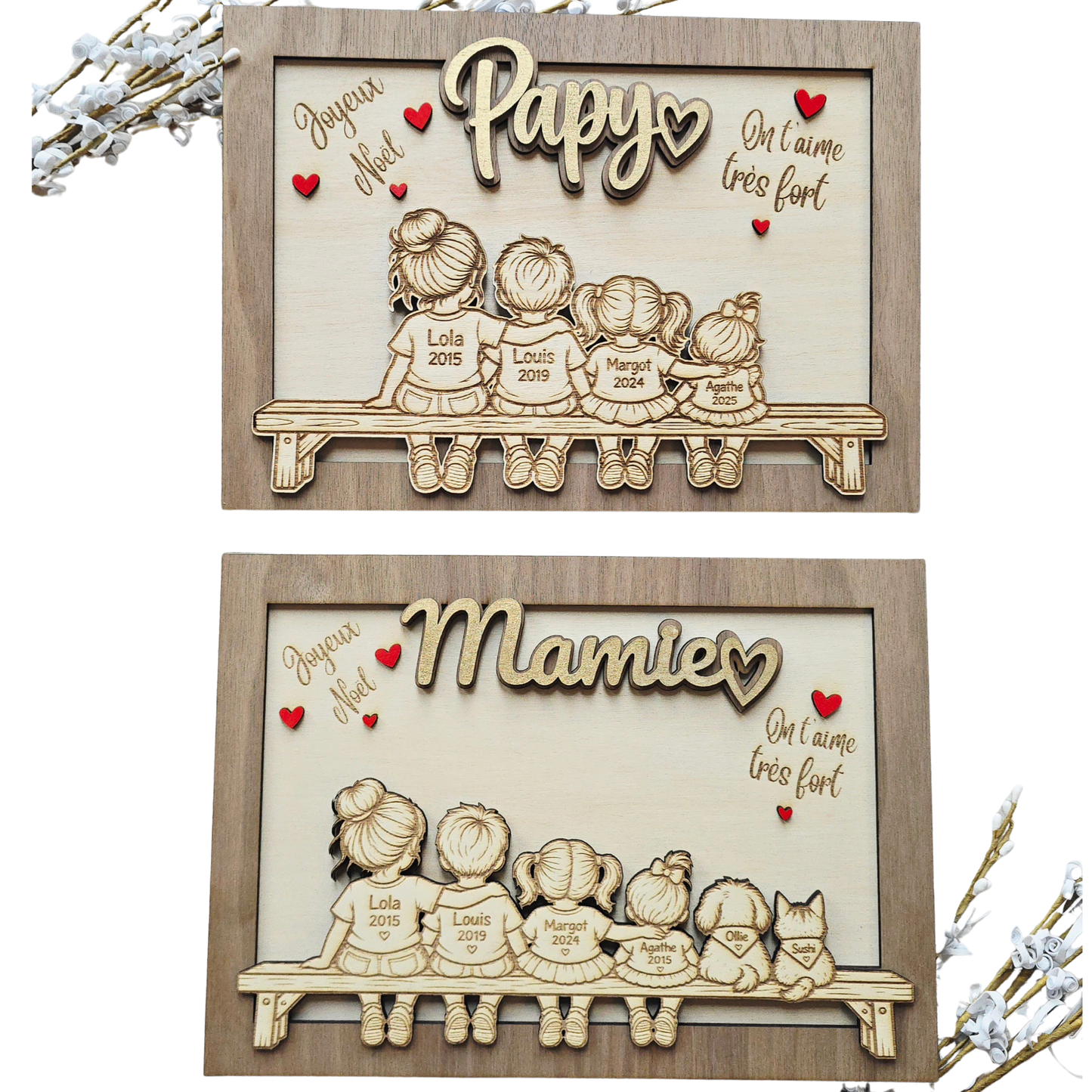 Cadeau de Noël Papy Mamie | Cadre en Bois Personnalisé Famille Petits-Enfants | Décoration Sur Mesure Gravée Portrait Silhouette