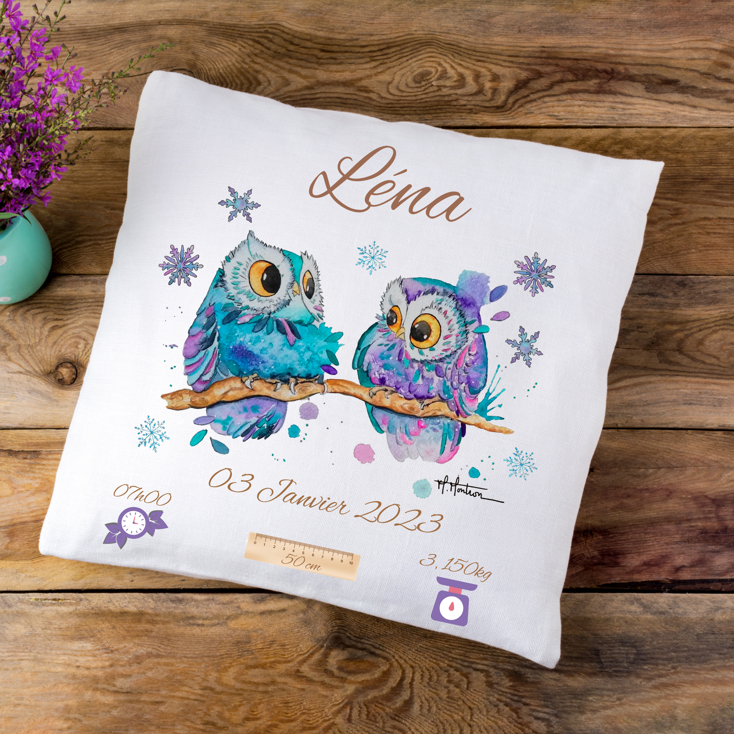 Coussin de naissance personnalisé Hiboux