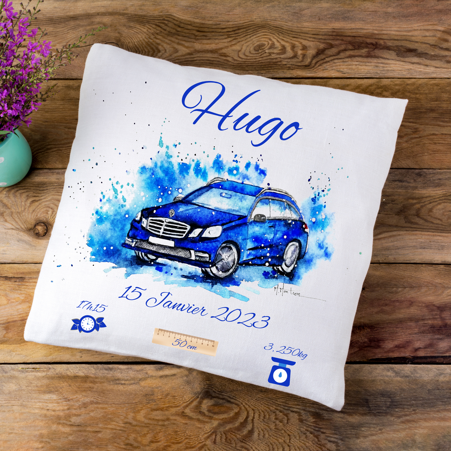Coussin de naissance personnalisé Voiture