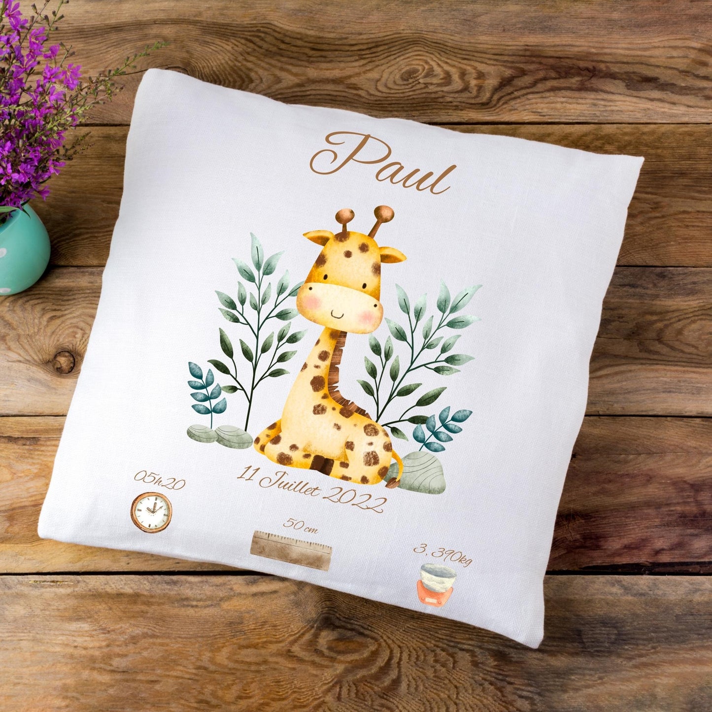 Coussin de naissance personnalisé modèle girafe