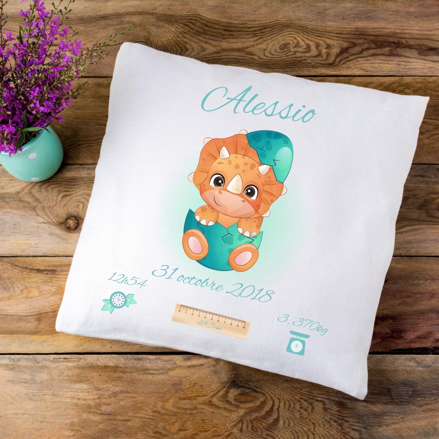 Coussin de naissance personnalisé Dinosaure