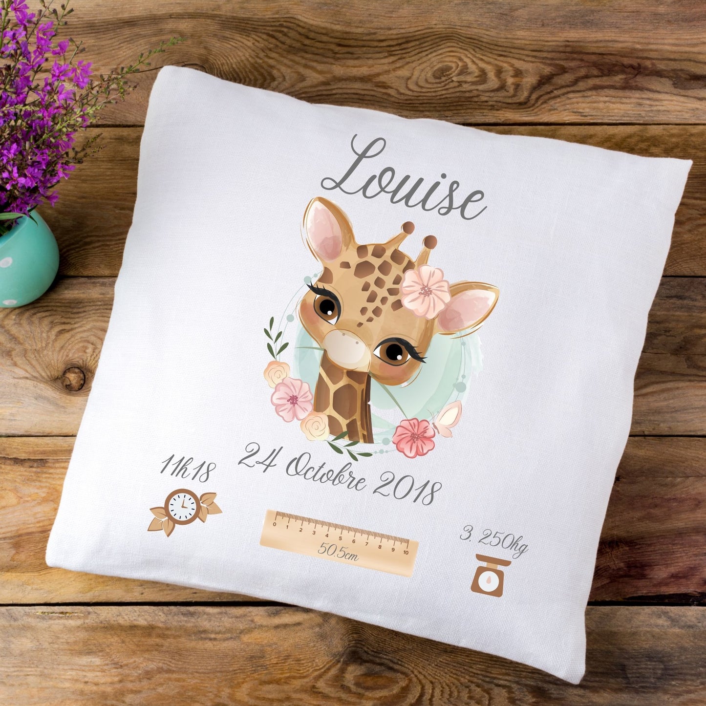 Coussin de naissance personnalisé Girafe