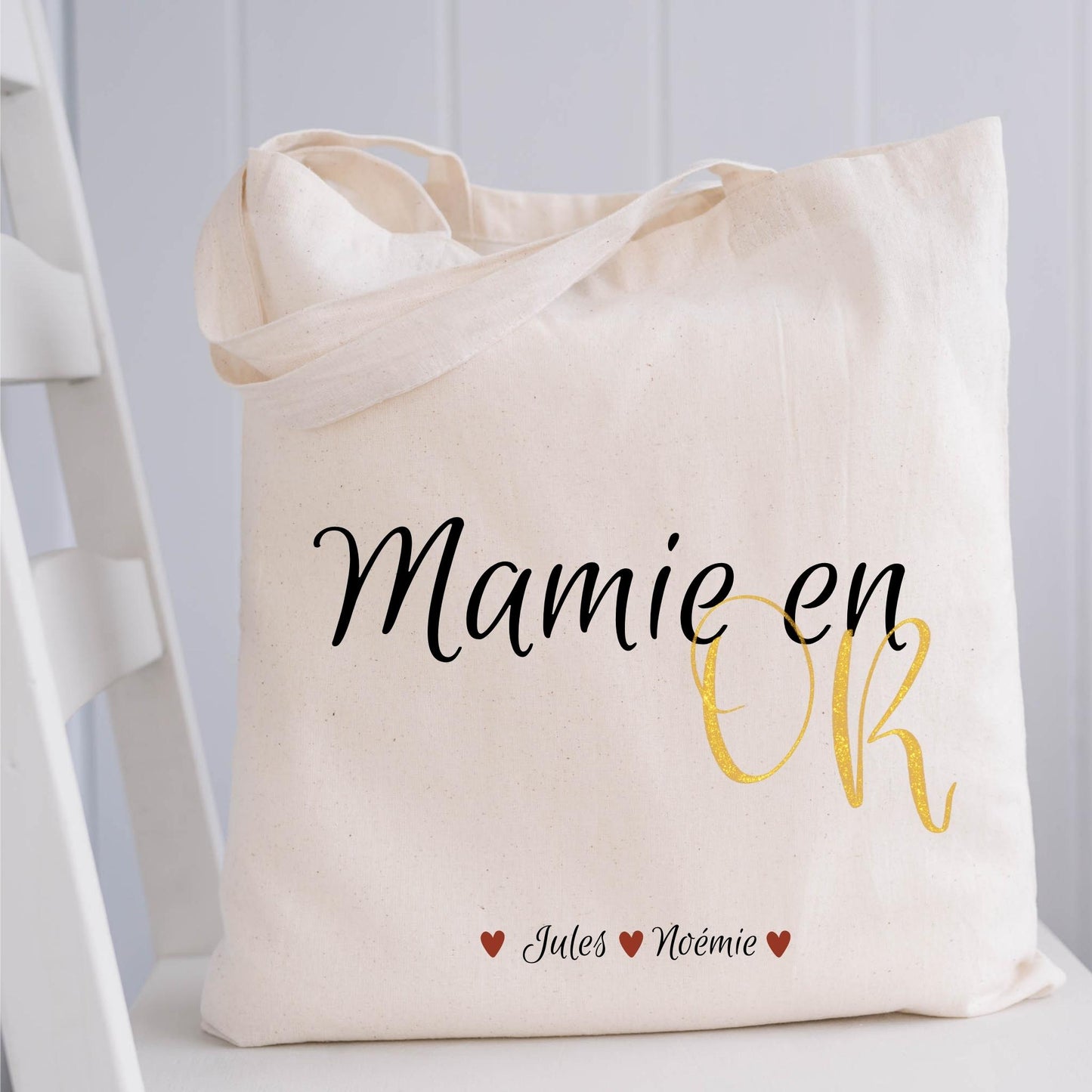Sac tote bag mamie en or personnalisé