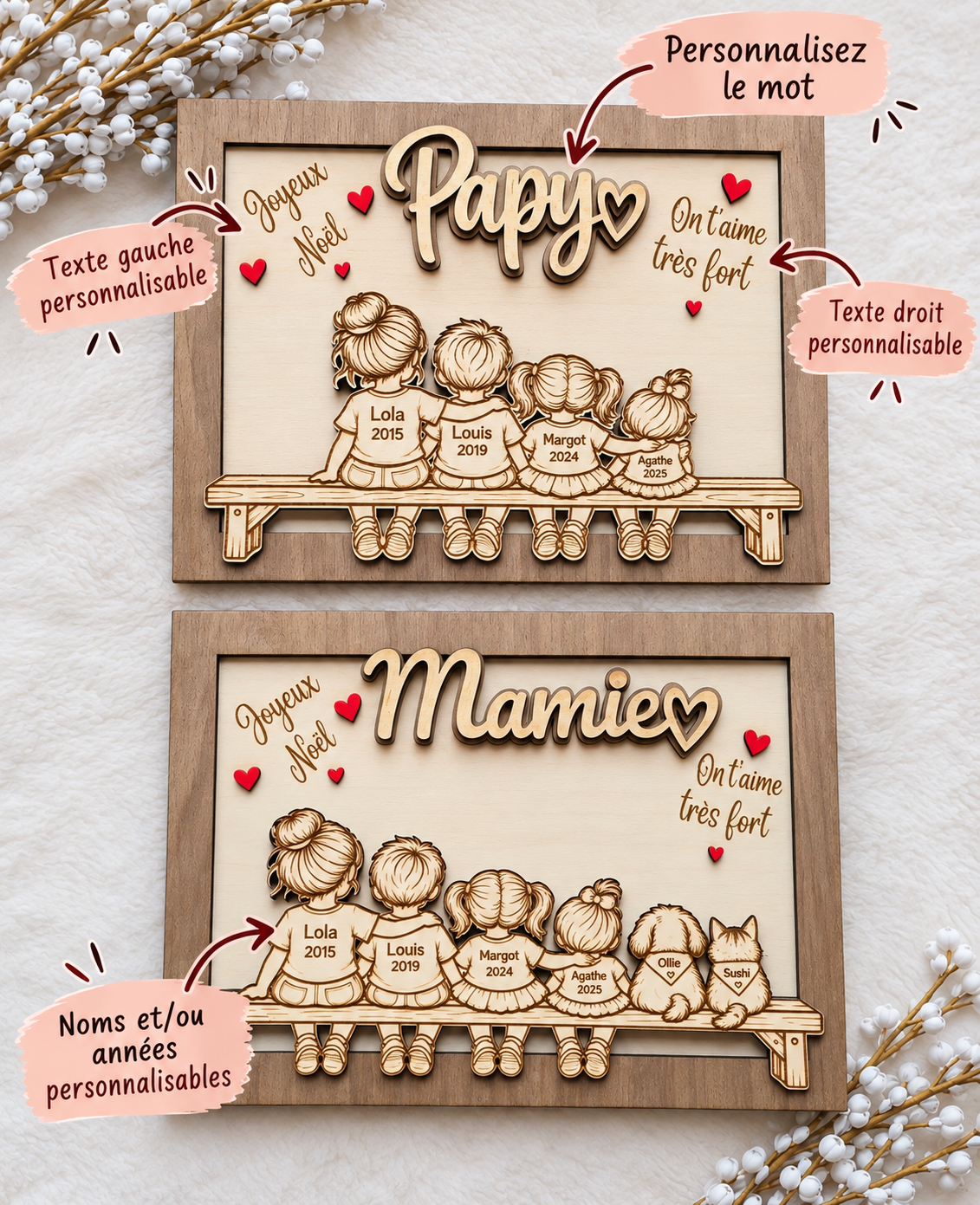 Cadeau de Noël Papy Mamie | Cadre en Bois Personnalisé Famille Petits-Enfants | Décoration Sur Mesure Gravée Portrait Silhouette