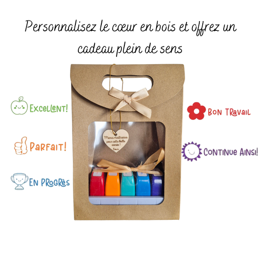 Tampons pour maîtresse – Cadeau fin d’année scolaire – Lot de tampons école – Cœur en bois personnalisé