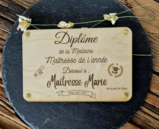 Diplôme en bois personnalisé maîtresse, cadeau fin d'année scolaire, atsem, maître, maîtresse