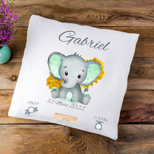 Coussin de naissance personnalisé modèle éléphant