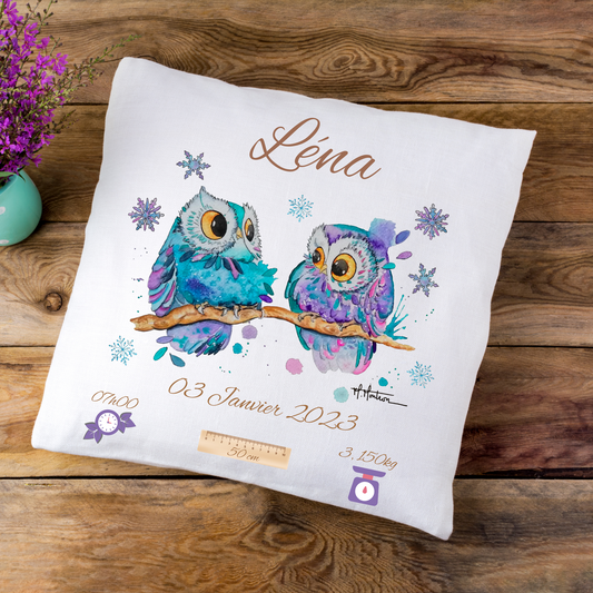 Coussin de naissance personnalisé Hiboux