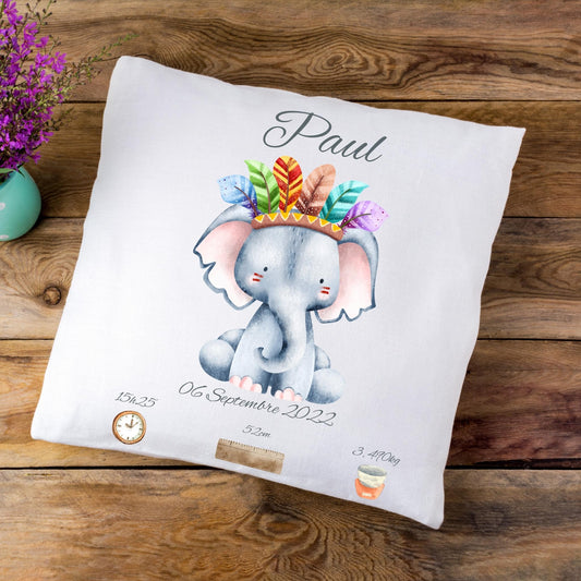 Coussin de naissance personnalisé éléphant indien