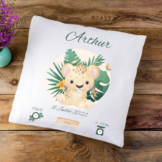 Coussin de naissance personnalisé léopard