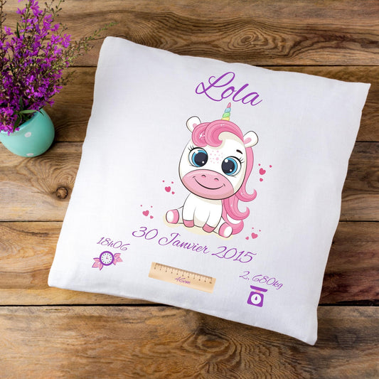 Coussin de naissance personnalisé Licorne