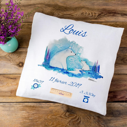 Coussin de naissance personnalisé Ours polaire